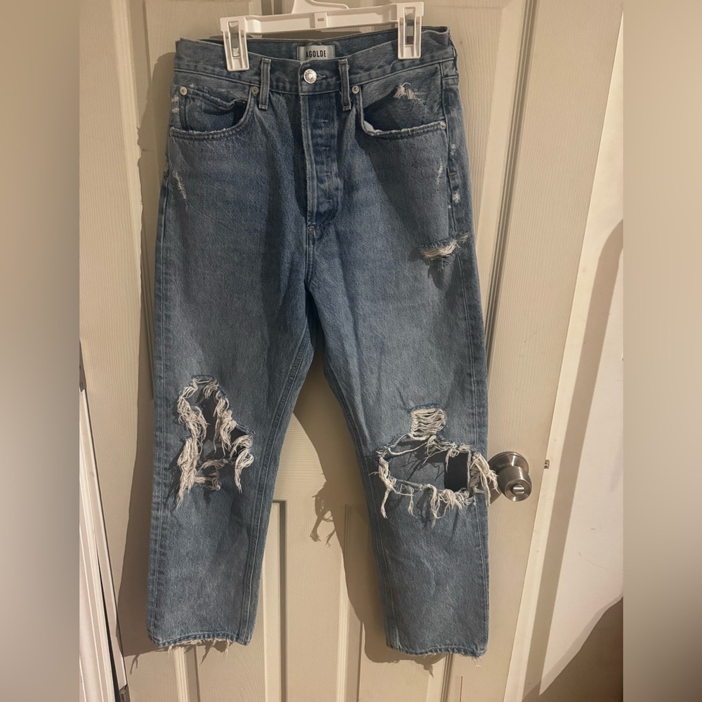 AGOLDE 90's High Rise Pinch Waist Straight Jeans Size 27 Button Fly Distressed - Picture 2 of 14